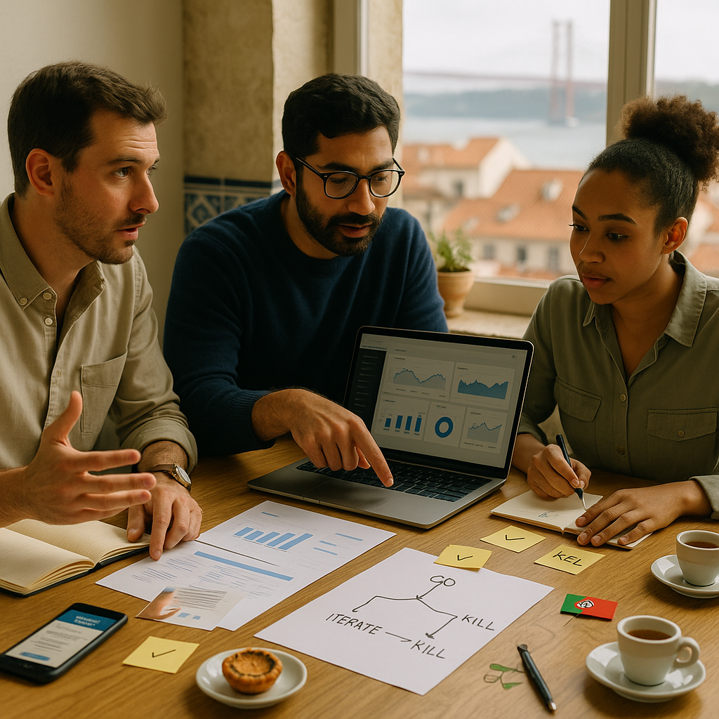 A bright Lisbon co-working space where a small team reviews test results and metrics