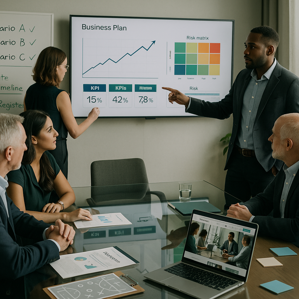Photo of a diverse team presenting a tested business plan to investors, with financial