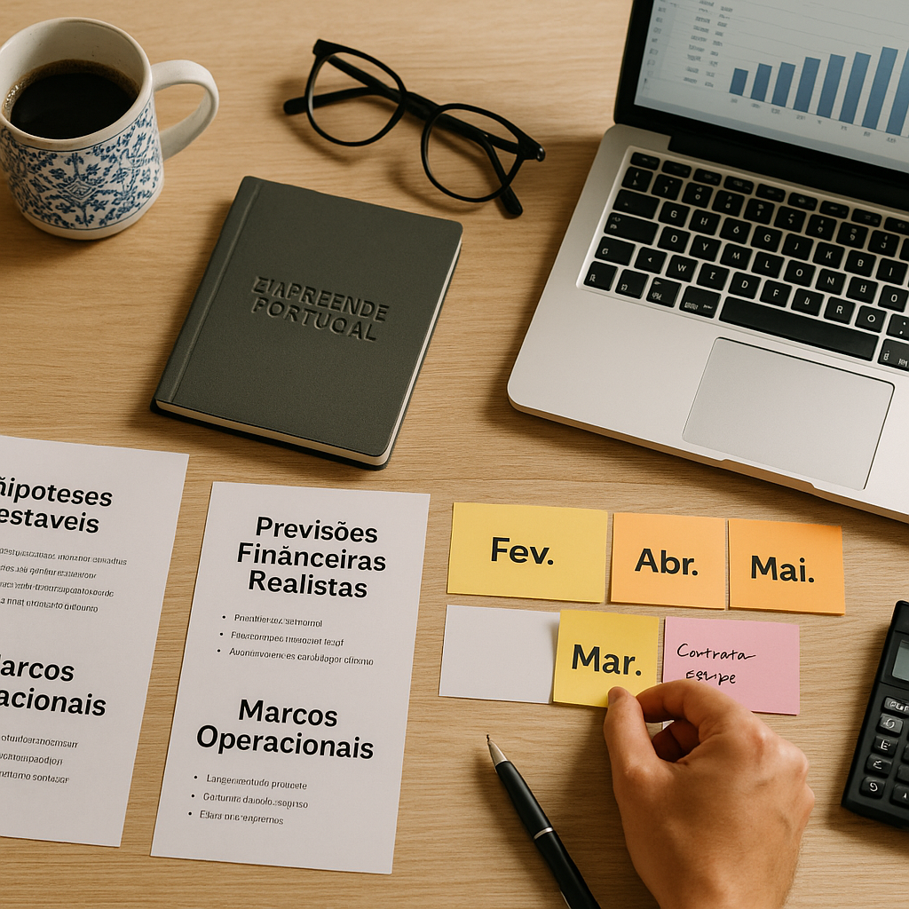 Overhead photo of a tidy desk where a business plan is being assembled: Portuguese-labeled